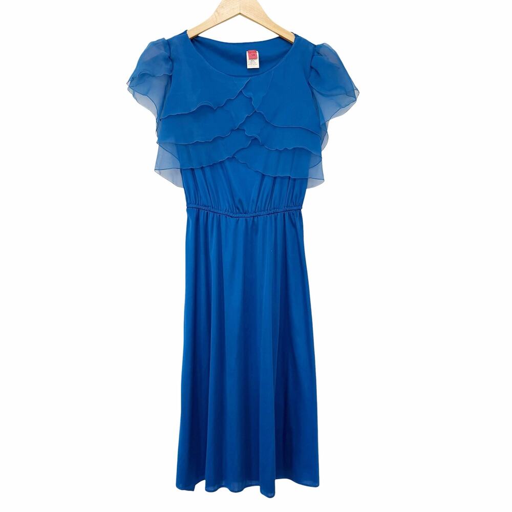 Vintage 70s Royal Blue Ruffle Dress Sheer Cap Sleeve Sz XS